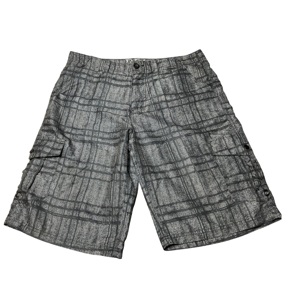 No Fear Cargo Shorts Mens 36 Plaid Herringbone Gray Black Y2K Skater Utility